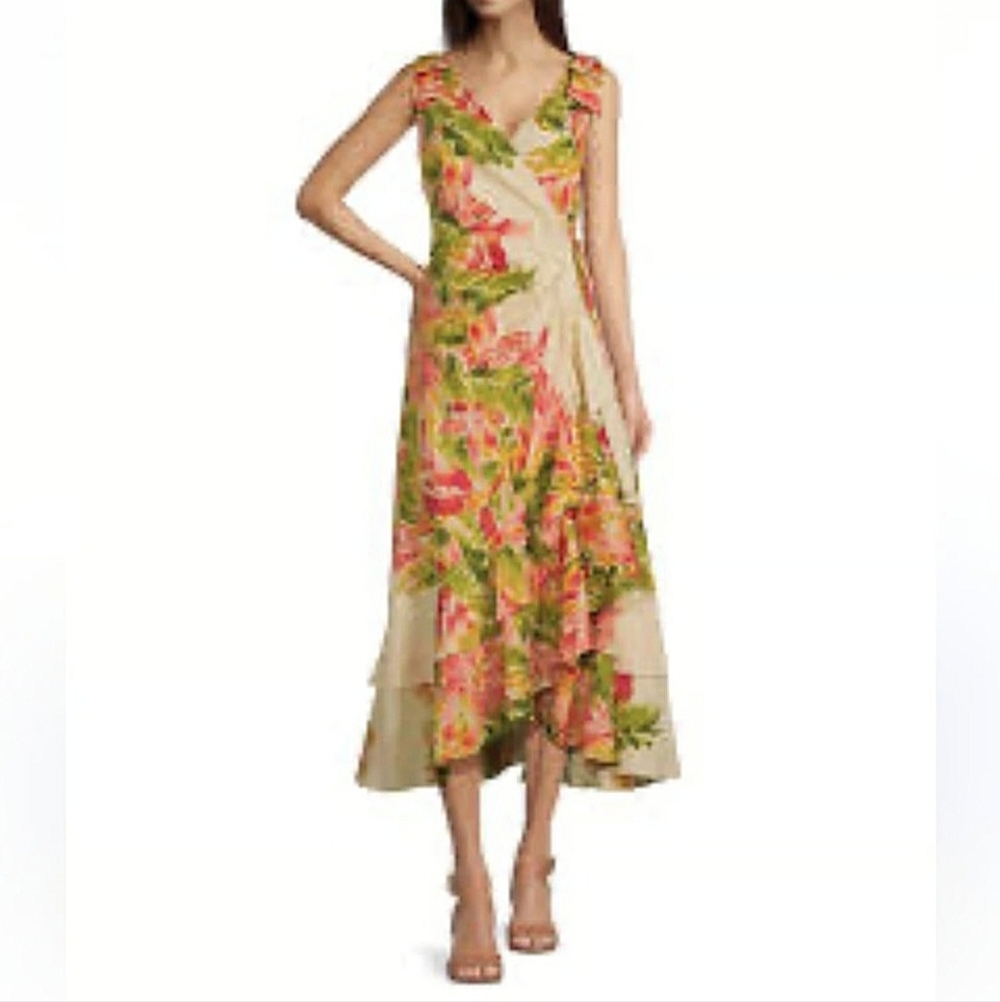 Gibson Latimer Wrap Midi Floral Dress Ruffled Tiered High Low Hem Women Size XXL